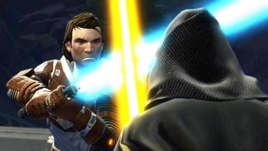 Best single-player MMOs: A Jedi and Sith Lord are locked in close-combat with lightsabers in Star Wars: The Old Republic.