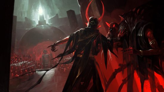 Welcome to Solium Infernum, the “Dark Souls of strategy games": Stark, red artwork depicting an argument among the politicians of Hell in strategy game Solium Infernum