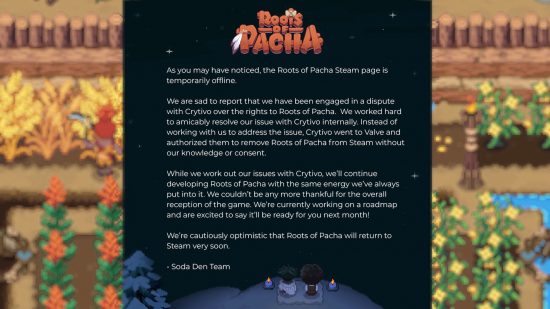 Message from Roots of Pacha developers describing why the game has been removed from Steam