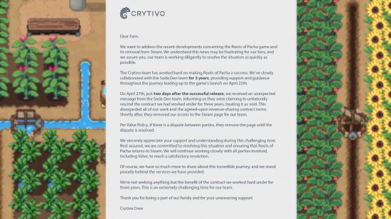 Roots of Pacha publisher Crytivo's response to developers' Tweet about why the game was removed from Steam