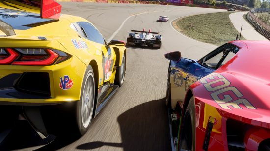 Multiple sports cars on a race track in one of the best racing games, Forza Motorsport.