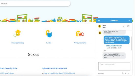 Cyberghost review screenshot showing support received from Cyberghost