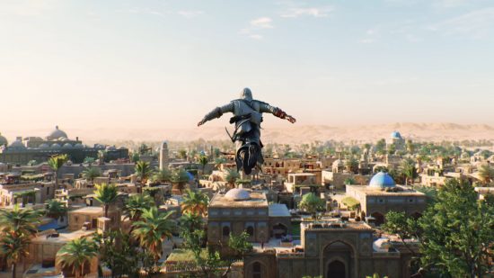 How long is Assassin's Creed Mirage: A rear view of a man in white swan diving off a tall building in ancient Baghdad mid-flight with his arms out and legs together.