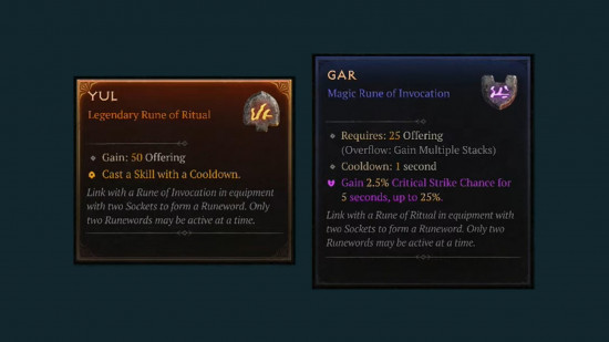 Diablo 4 runewords: image shows the Yul Rune of Ritual alongside the Gar Rune of Invocation.