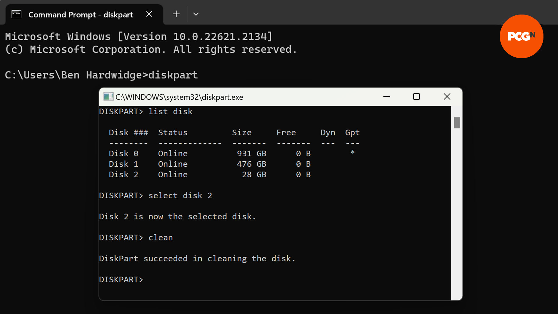 Dispart cleans and wipes the selected disk clean for a bootable USB