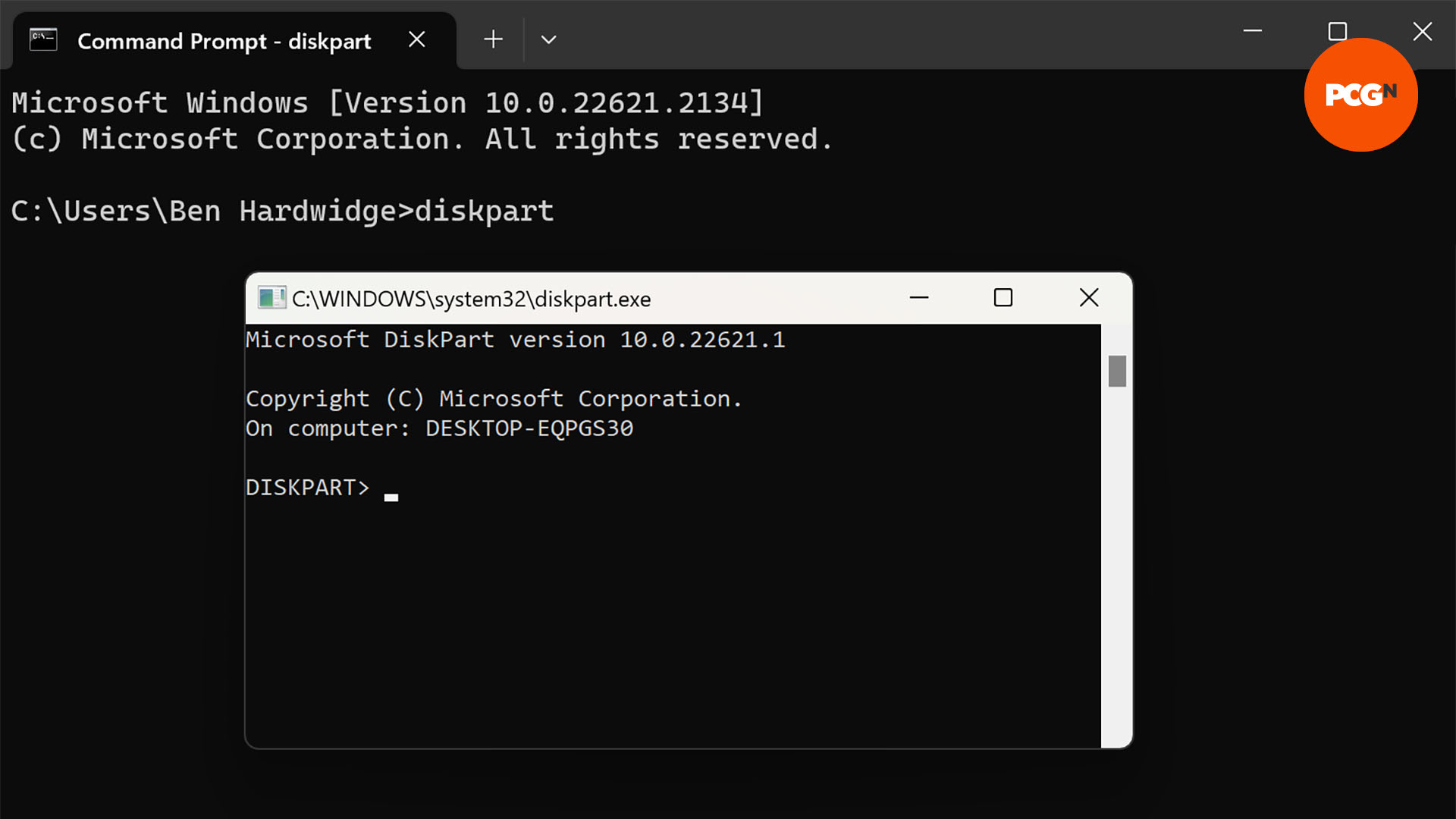 the diskpart window of command prompt on a desktop screen ready to create a bootable usb