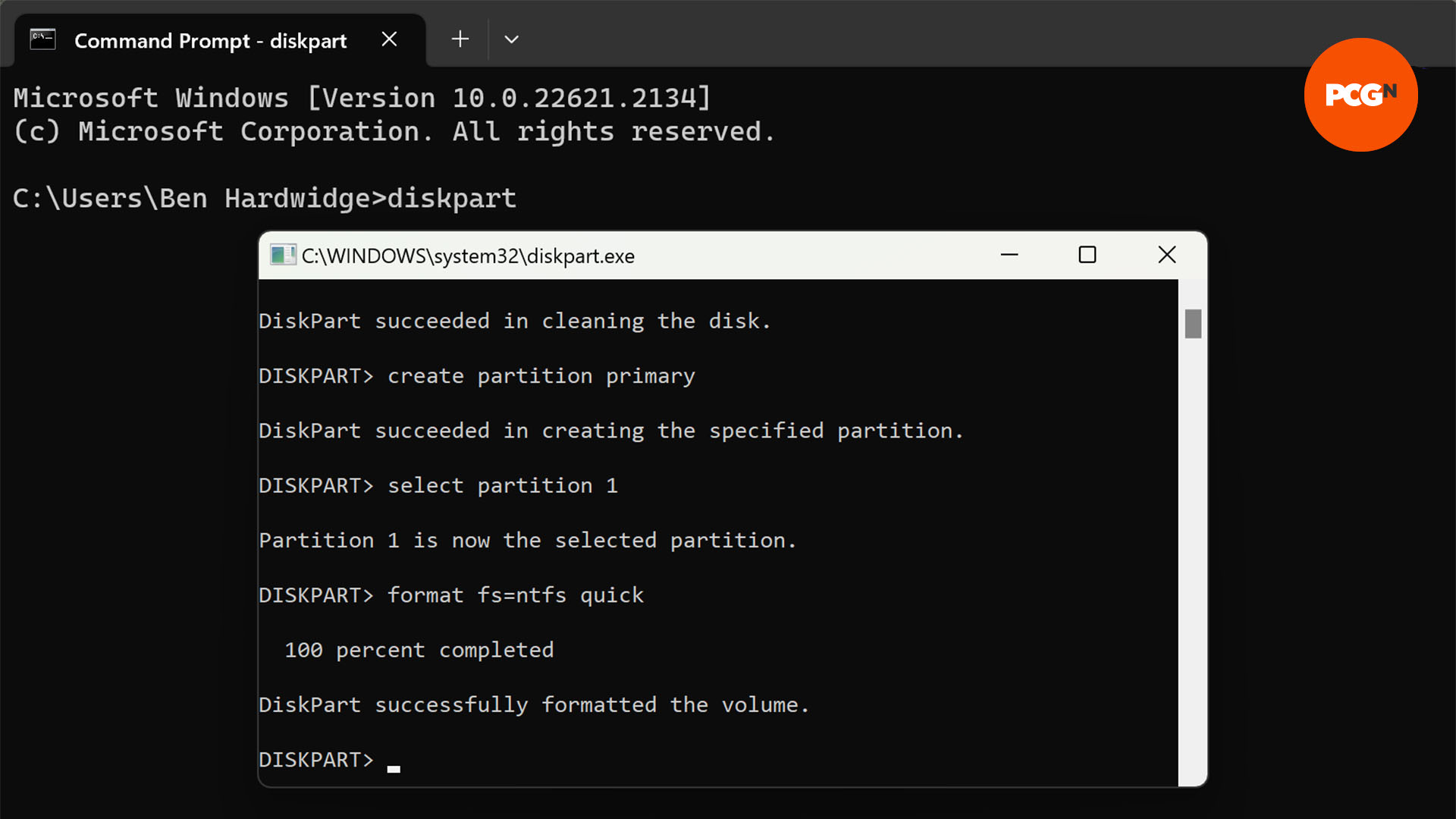 The clean disk is formatted via diskpart for a bootable usb