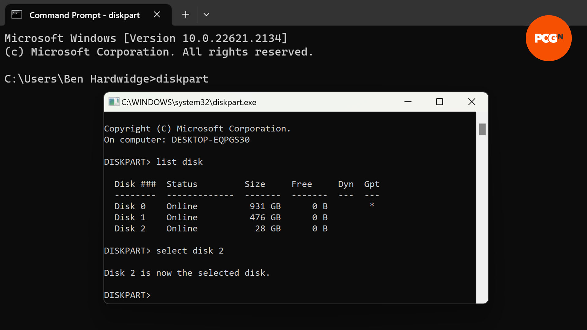 A user selects disk 2 in diskpart via command prompt