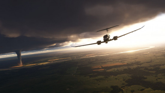 A plane heading towards a tornado in Microsoft Flight Simulator 2024