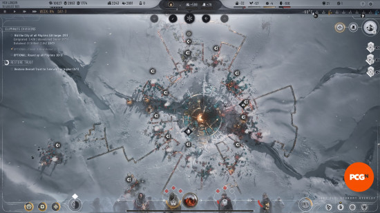 A top-down screenshot of a frozen colony in Frostpunk 2, one of the best RTS games.