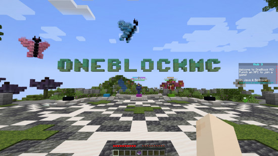 The word OneBlockMC is written in the sky above the opening island in one of the best Minecraft servers.