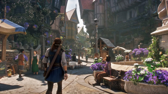 Fable 4 release date estimate: The hero walks through an urban settlement, characterized by crooked rooftops, flowers, and bright market stalls.