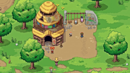 A clan meets outside a primitive homestead in Roots of Pacha, one of the best games like Stardew Valley.