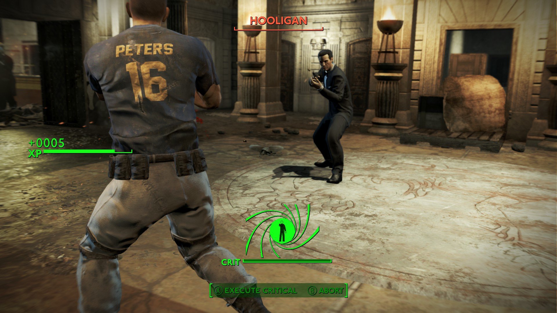 Fallout London review: Fallout London gameplay showing the Mysterious Stranger, dressed as James Bond, shooting a Holigan wearing football gear.