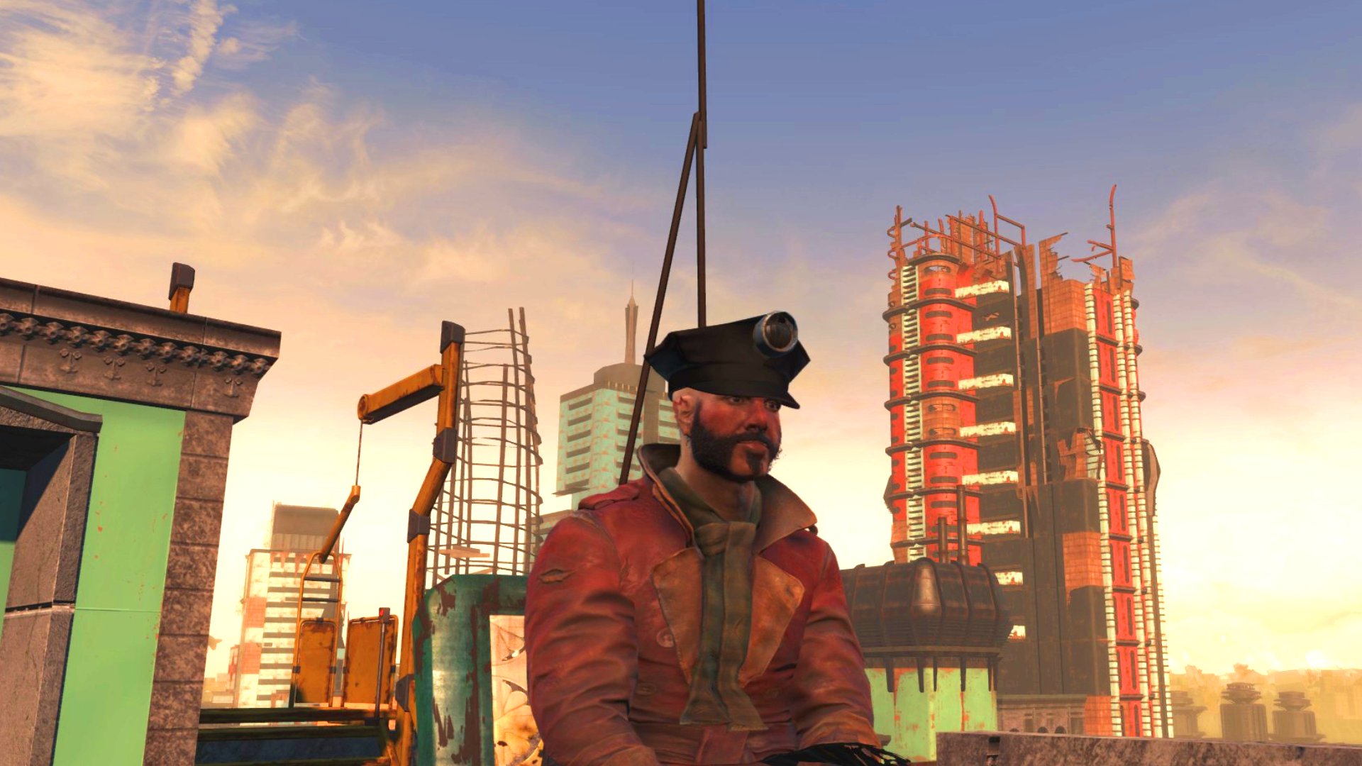 Fallout London review: A third-person shot of a British gentleman with thick muttonchops sitting on a roof during sunrise in Fallout London.