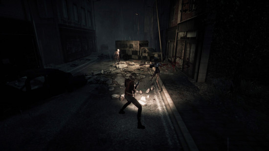 Best horror games: a woman fighting a monster on a dark street in Hollowbody