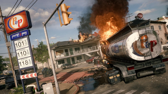 A tanker catches fire in a gas station in Liberty Falls, one of the Black Ops 6 Zombies maps.