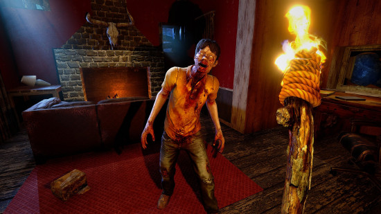 The player holds a flaming torch towards an approaching zombie in 7 Days to Die, one of the best building games on PC.