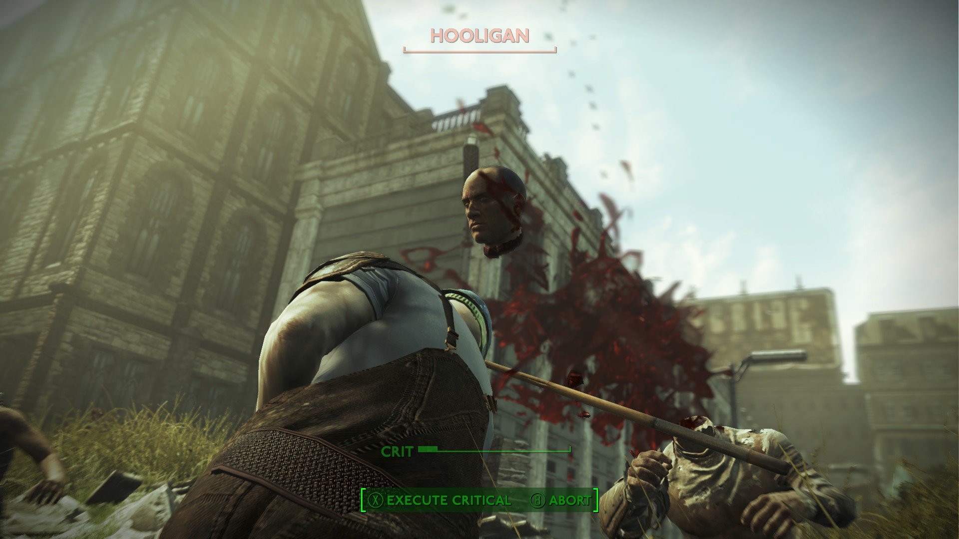 Fallout London review: third-person VATS view of a head flying through the air.