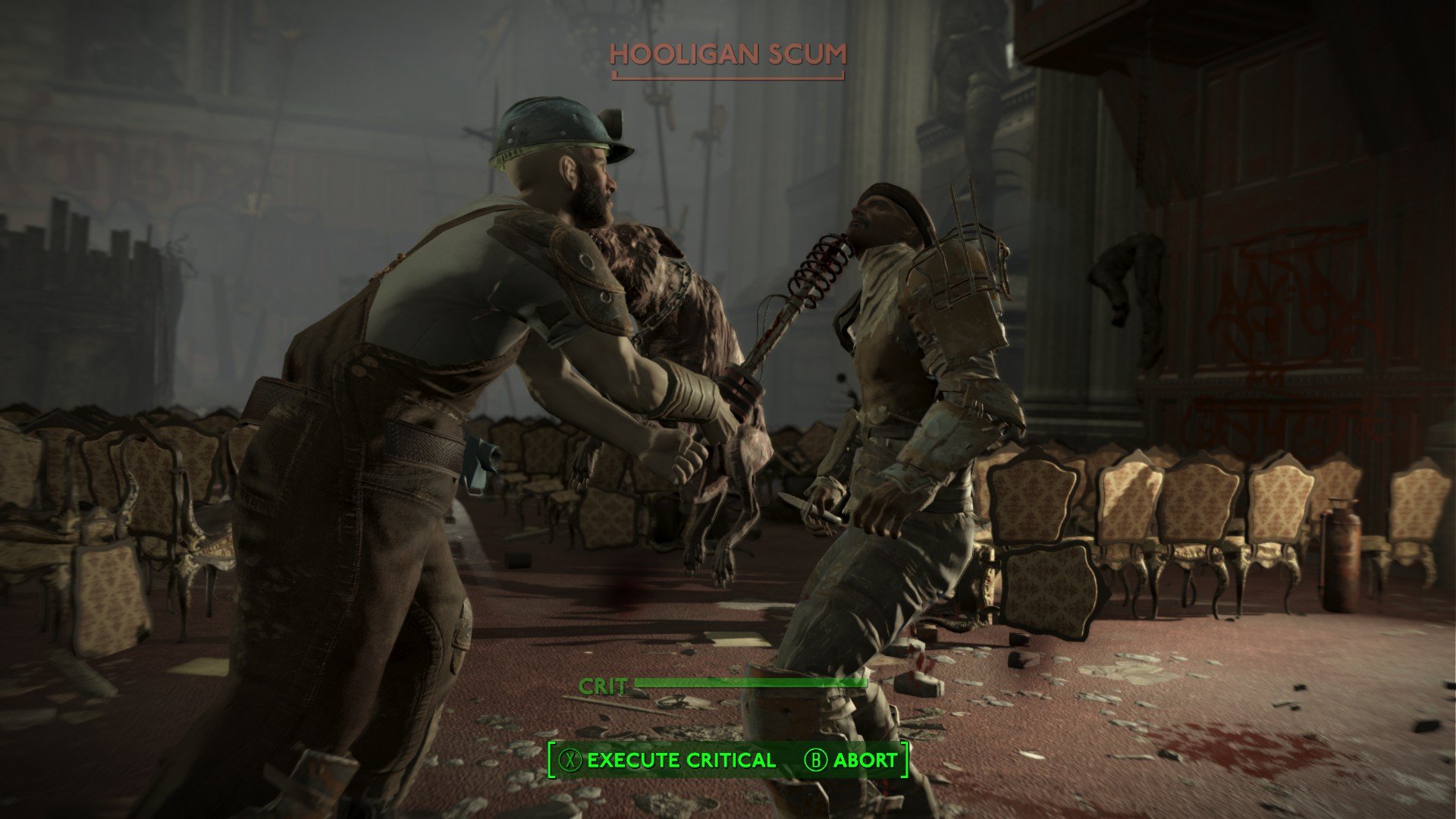 Fallout London review: third-person VATS view of the protagonist hitting an enemy over the head with a blunt weapon.