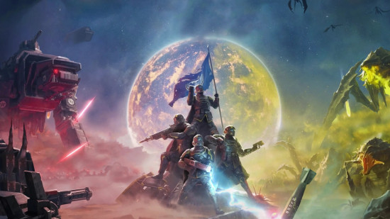 Helldivers 2 Escalation of Freedom: Key art showing four Helldivers on rocky mound holding a flag while flanked by enemy robots and aliens