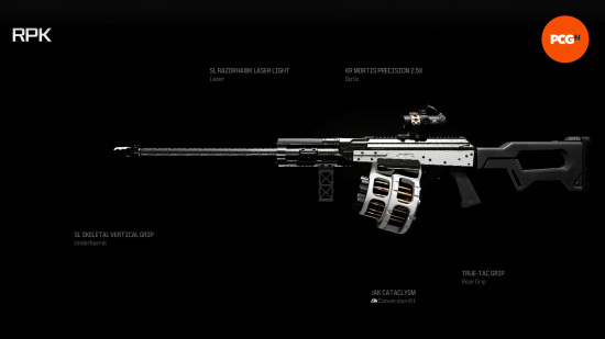 The best RPK loadout shown in preview with the names of five attachments round the sides.