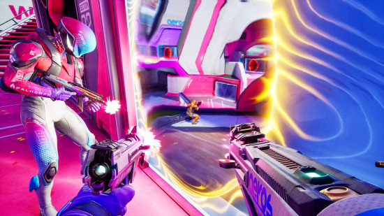 Splitgate 2 preview: two players peer through a portal at an enemy