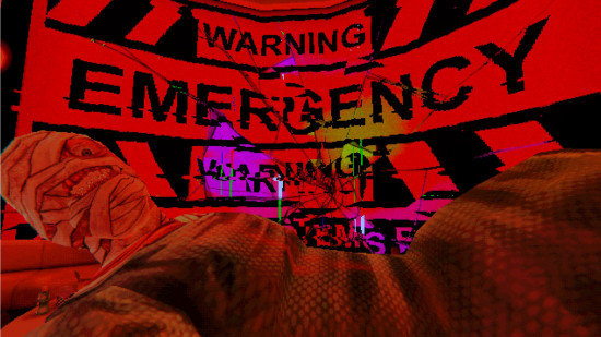 A bandaged body lies in front of bright red signs that read "Emergency" in Mouthwashing, one of the best horror games on PC.