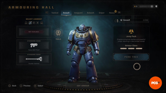 Space Marine 2 weapons: An Assault Space Marine standing in the loadout screen.