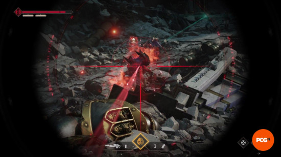 Space Marine 2 builds: A first-person screenshot of a sniper scope aimed at a Terminid surrounded by rubble.