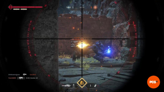 Space Marine 2 builds: A first-person view of a sniper scope aiming at an enemy player in the distance who is being attacked by another player.