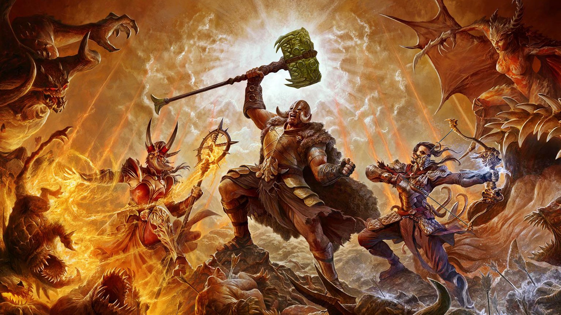 A party of Wanderers fend off a horde of demons in Diablo 4, one of the best multiplayer games following the launch of the Vessel of Hatred DLC.