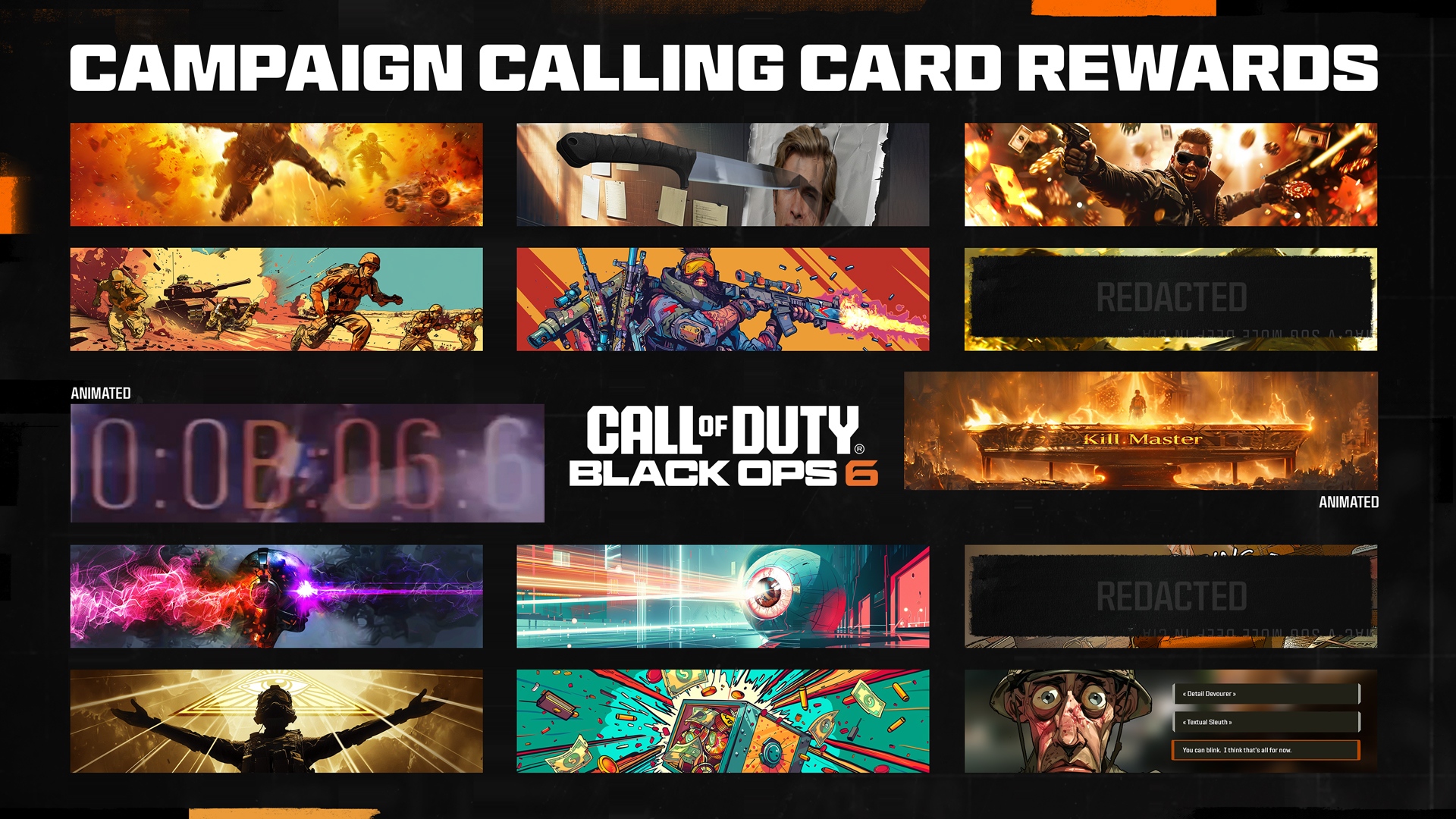 Black Ops 6 campaign rewards: A graphic showing a set of calling cards that can be earned while playing Black Ops 6's campaign