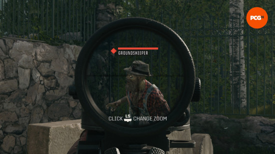 A player looks down their sights at the Groundskeeper, a special zombie, and part of the Black Ops 6 Liberty Falls main quest.