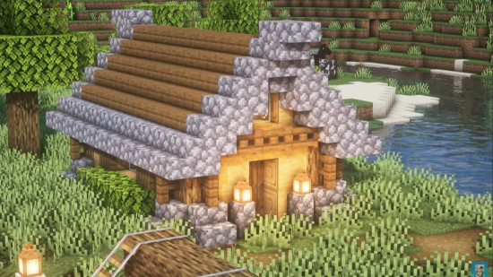 A small wooden Minecraft cottage design with a cobblestone roof.