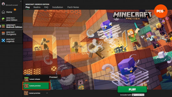 The option on the Minecraft Bedrock launcher to select the latest preview.
