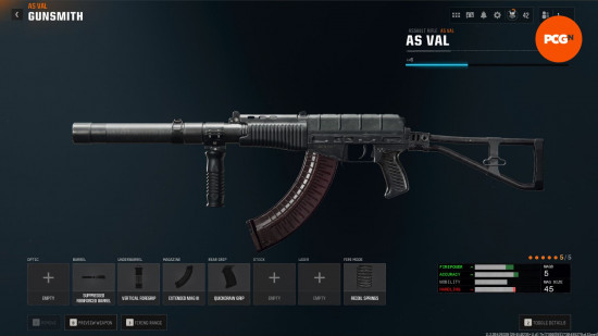 Best Black Ops 6 AS Val loadout: a large assault rifle with a list of attachments.