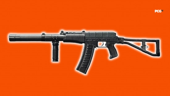 Best Black Ops 6 loadouts: an assault rifle with a glowing white outline atop an orange background.