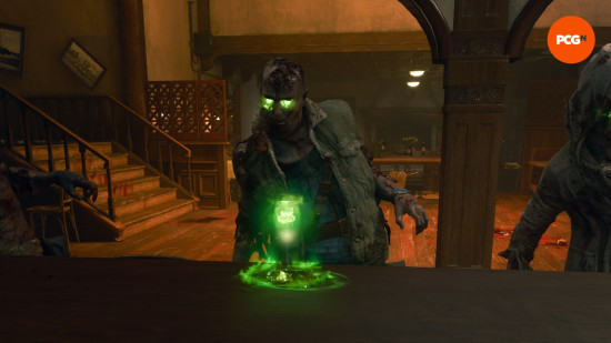 A zombie stands at a bar in front of a green drink in a Black Ops 6 Zombies Citadelle des Morts easter egg.