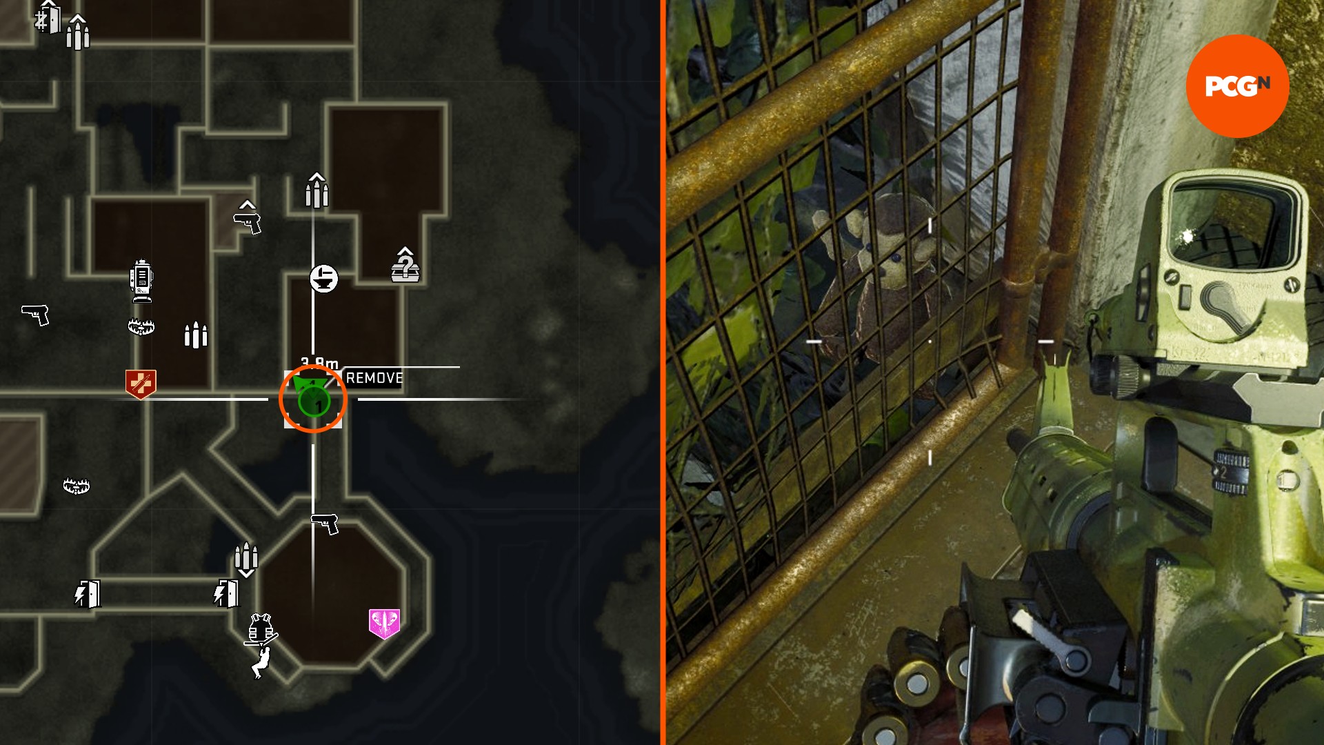 A chimpanzee toy on the other side of a fence takes up one half of the image, a map is on the other, showing the location of one of the Black Ops 6 Zombies Terminus Mega-Stuffy toy locations.