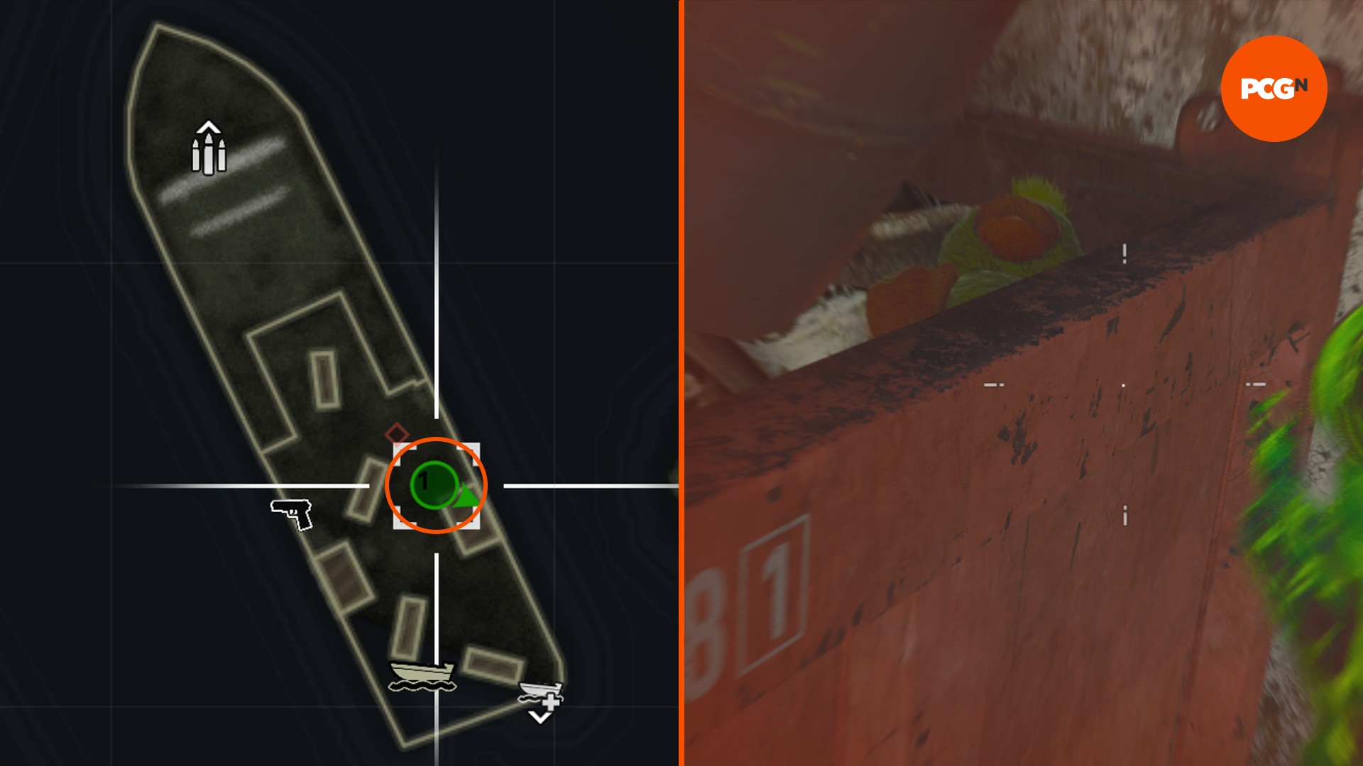 A duck stuffed toy in a red dustbin takes up one half of the image, a map is on the other, showing the location of one of the Black Ops 6 Zombies Terminus Mega-Stuffy toy locations.