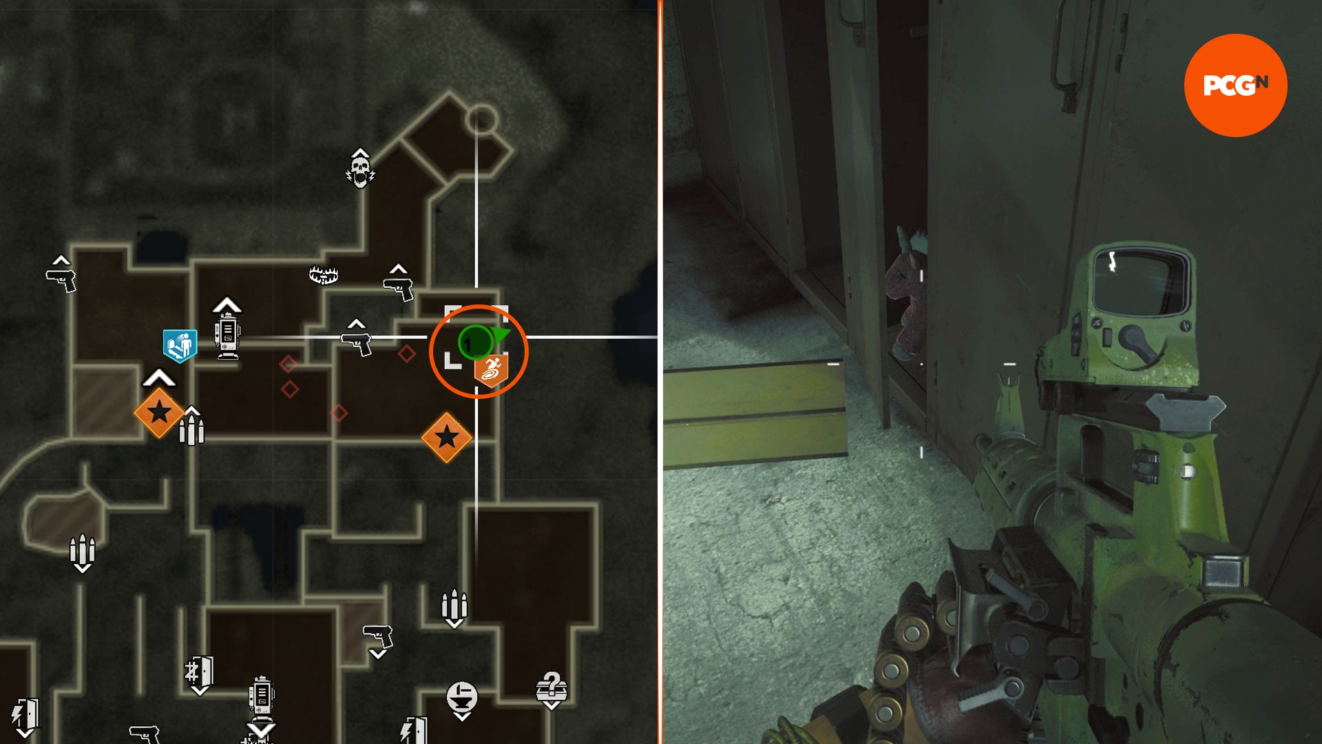 A pink unicorn peeks out of a locker in one half of the image, a map is on the other, showing the location of one of the Black Ops 6 Zombies Terminus Mega-Stuffy toy locations.