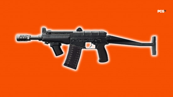 Best Black Ops 6 loadouts: a short submachine gun on an orange background.