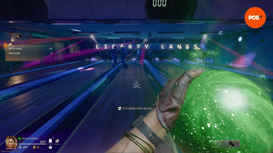 The player character holds a green bowling ball as zombies cross the lanes in front of them in the Black Ops 6 Zombies Liberty Falls bowling alley easter egg.