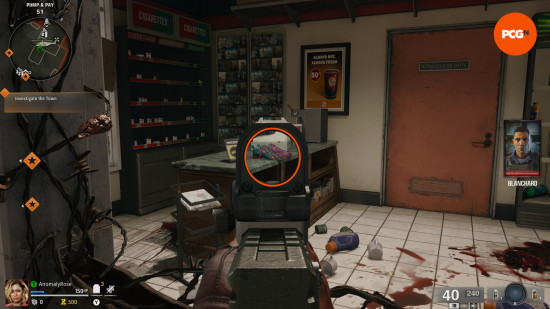 The player aims down sights on a pair of bowling shoes in Pay and Pump, part of the BO6 Liberty Falls bowling alley easter egg.