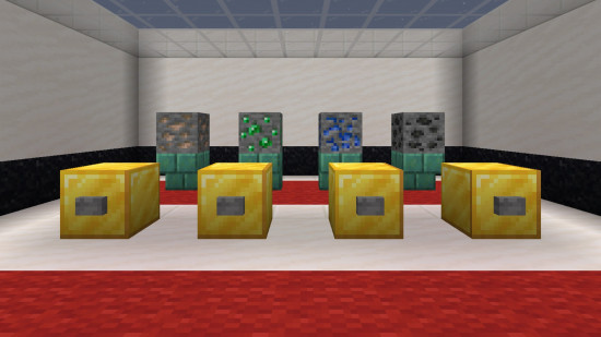 Four Minecraft ore blocks lined up in a game of odd one out, part of What Doesn't Belong, one of the best Minecraft puzzle maps.