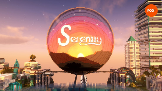 Best Minecraft servers: An image of the lobby in the Serenity Minecraft server showing the word 'Serenity' in pixel art on a sunset.