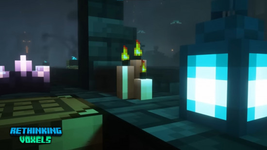 Candles glow in the blue light of a soul lantern thanks to the Rethinking Voxels shader, one of the best Minecraft shaders.