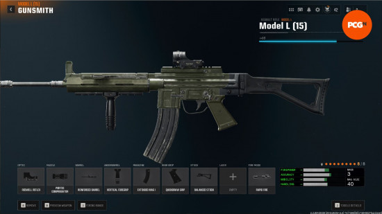 Best Model L loadout: an assault rifle with a list of attachments.