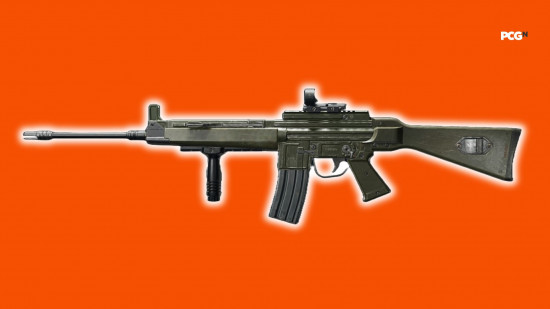 Best Black Ops 6 loadouts: an assault rifle with a glowing white outline on an orange background.